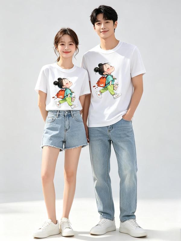 Women's Cotton Crew Neck Basic Fitted T-Shirt - Vintage Streetwear Lightweight Graphic Tee with Cute School Girl Print, A-Type Backless Short-Sleeve Casual Top for Back to School, Valentine's Day Style