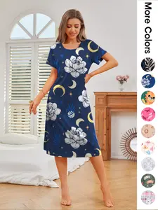 Women's All Over Print Floral Round Neck Fitted Nightdress, Casual Soft Comfortable Short Sleeve Nightgown for Summer, Ladies Sleepwear & Loungewear for Indoor Wear