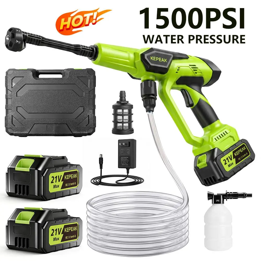 【BackToSchool】 KEPEAK 1500PSI Portable 21V Cordless Power Washer, High Pressure Cleaner with 13000mAh Battery, 200W Motor, 6-in-1 Nozzle & Foam Bottle,Perfect Gift fathersdaygiftideas