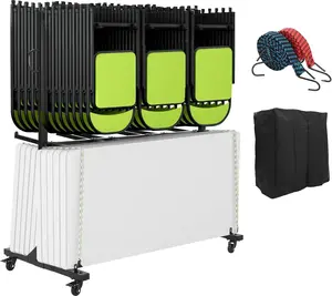 GARVEE Heavy Duty Folding Chair Rack and Folding Table Cart with Cover, Multi-Function Chair Storage Dolly Featuring PVC Lock Wheels, Durable Metal Frame for Easy Transport and Storage of Up to 84 Chairs
