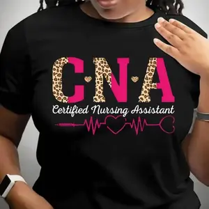 Women's Certified Nursing Assistant CNA Graphic T-Shirt - with Leopard Print & Heartbeat Design, Short Sleeve Crew Neck Casual Top, Medium Stretch Breathable Fabric for Spring & Summer, Machine Washable Healthcare Worker Apparel