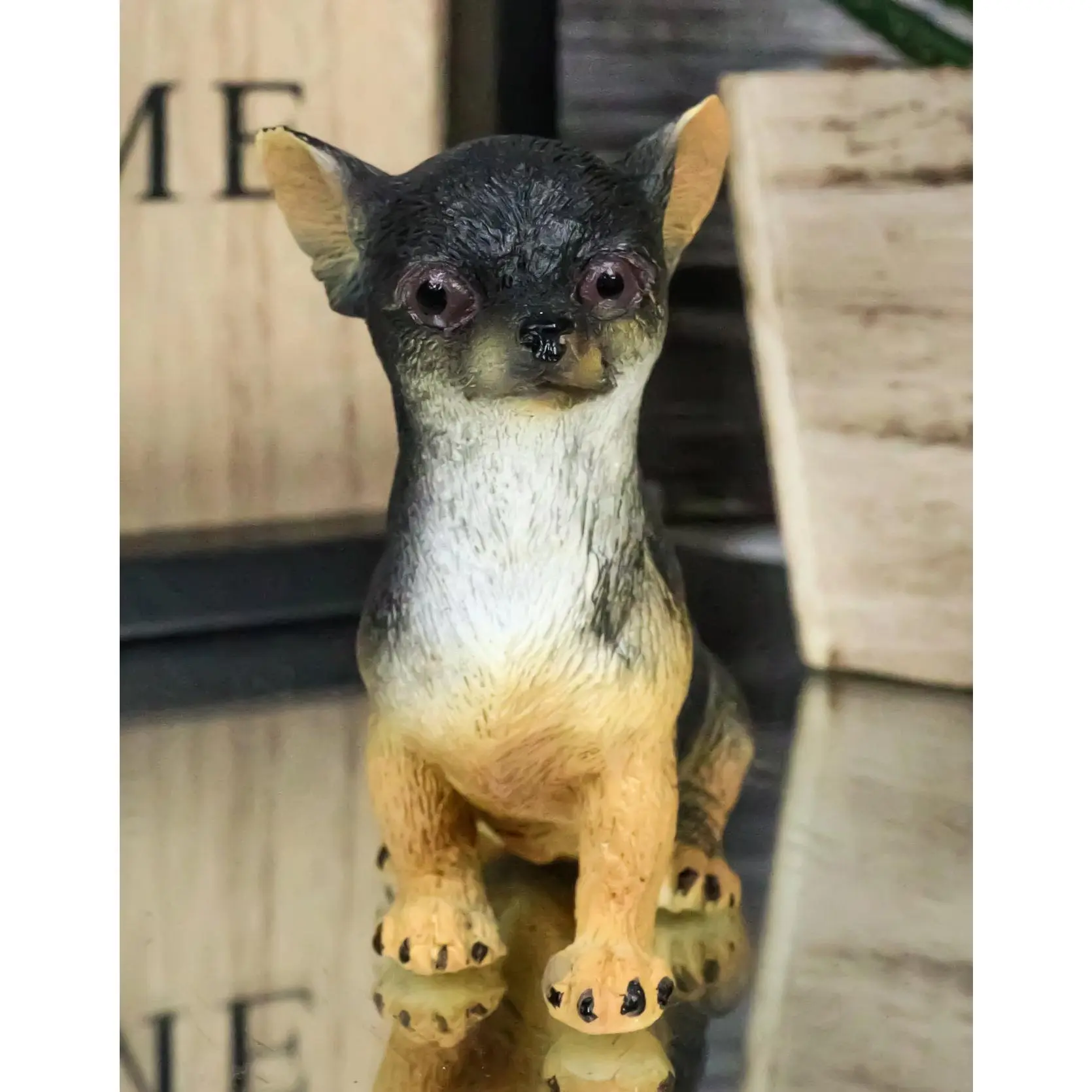 Lifelike Sitting Black-and-Tan Chihuahua Puppy Deer Head Figurine, Lightweight Home Decoration Sculpture for Figurines & Miniatures Collection