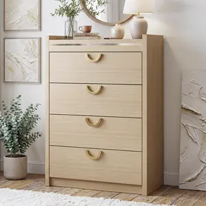 Dresser with 5 Drawers or 4 Drawers or 3 Drawers, Oak Modern Chest of Drawers with Gold Curved Handle, Raised Edge Design & Anti-Tipping, Wood Closet Drawer Organizer for Bedroom, Hallway, Entryway, Oak