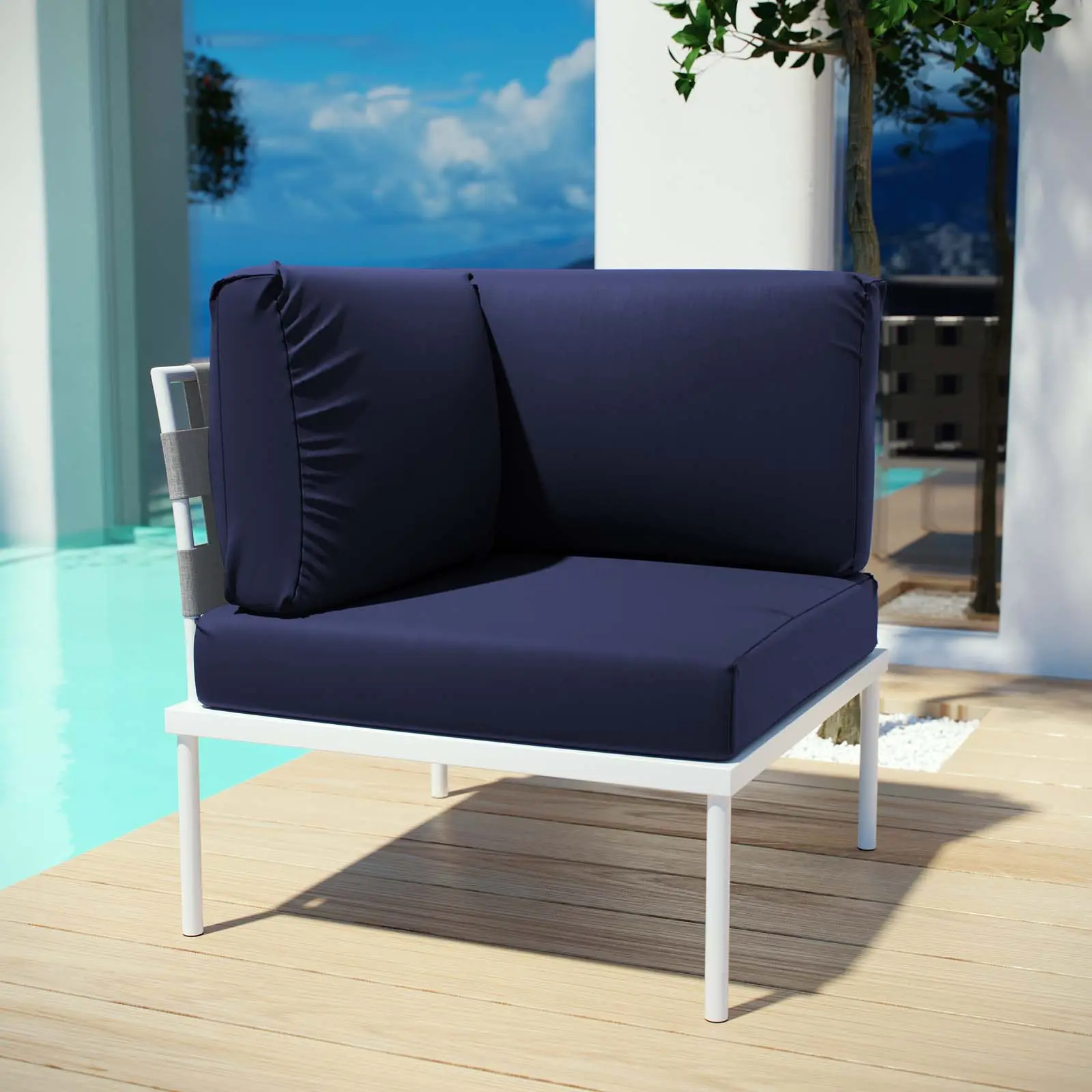 Modway Modern Outdoor Sectional Sofa - Aluminum Corner Lounge, White Navy Sectional Patio Furniture, Aluminum-Framed Outdoor Furniture Sets, Casual Outdoor Furniture Sets