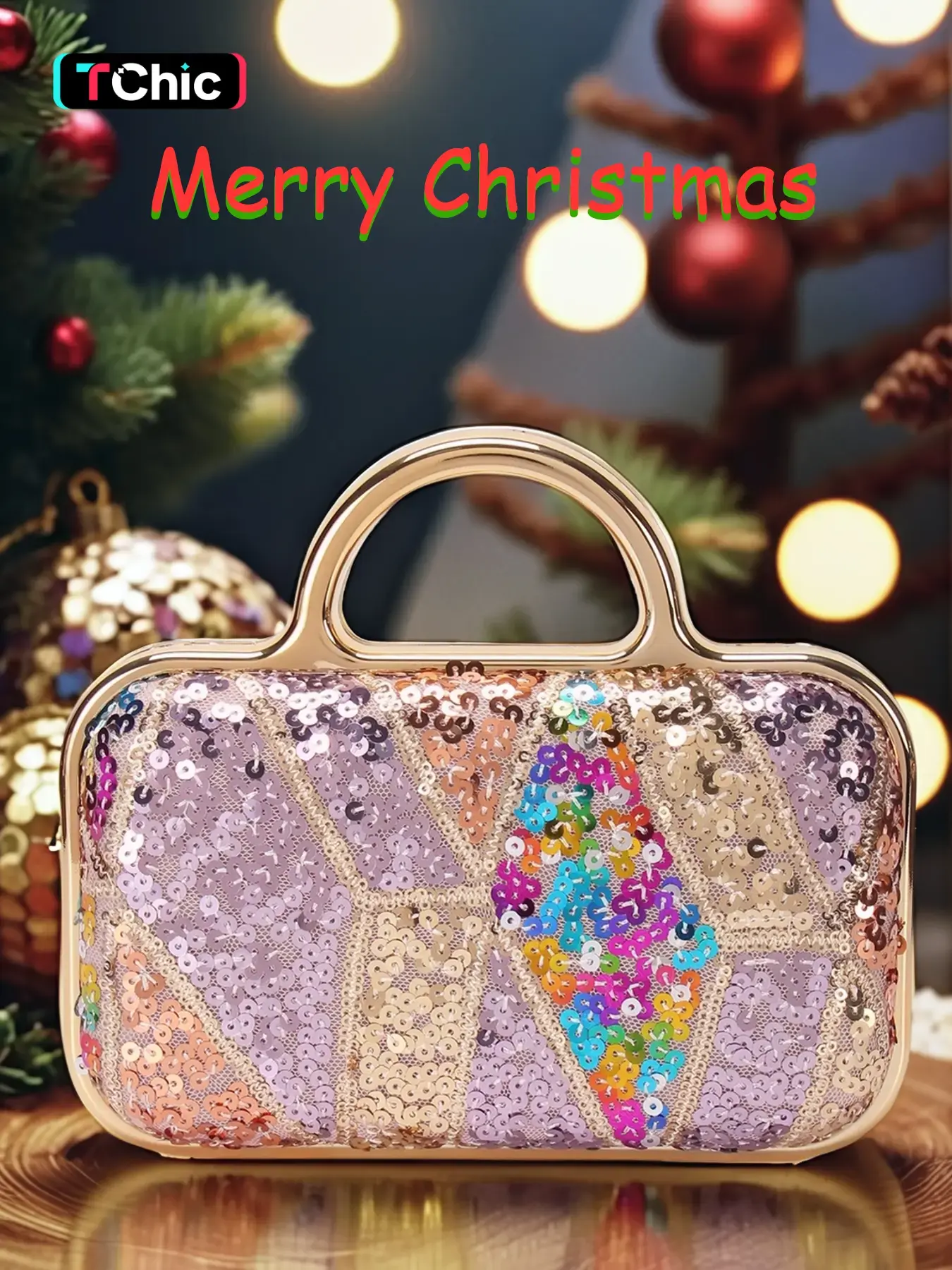 Christmas Colorful Sequined Women's Evening Clutch Bag, Acrylic Handbag with Long Shoulder Strap for Single Shoulder Crossbody Bag, Magnetic Closure, Suitable for Holiday Gifts, Parties, Proms, Weddings