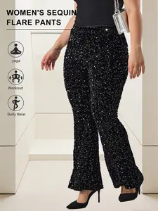 Women's Plus Size Sequin Bell Bottom Pants, Elastic Waist Long Tight Fit, Fashion Comfort Casual Wear, Trendy Daily