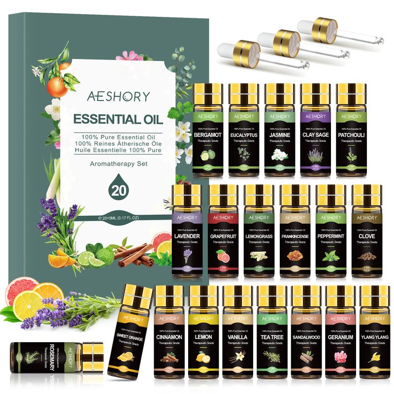 Prop 65 Safe Essential Oils Multi-Pack - 20x5ml Pure Liquid Set for Packaged Bottles Scented Oil Diffusers & Selfcare - Lavender, Tea Tree, Eucalyptus, Sandalwood, Peppermint, Rosemary