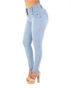 Tiki Jeans Women's High-Waist Butt-Lifting Slim Jeans (TK559) - Stretchy Lightweight Fabric, Heart-Accent Button Closure, Comfortable Fit, Pockets, Light Blue Casual Bottoms