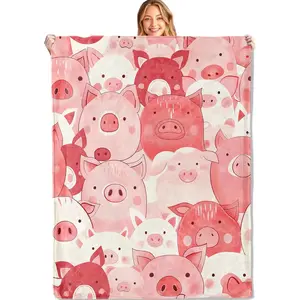 Cute Pig Faces Throw Blanket,50x60in,Soft,Lightweight Flannel,Pink and Red Piggy Blankets - Gifts for Animal Lovers,for Couch Office Travel,Home Living Room Decor