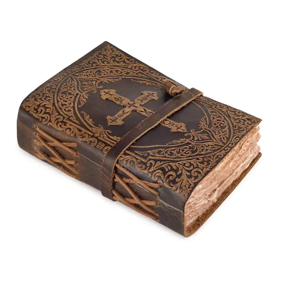 Cross Embossed Bible Journal Leather Bound Vintage 200 Pages Antique Deckle Edge Watercolor Paper 7X5 inches