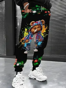 Men's 3D Cartoon Print Cute Bear Pattern Jogging Pants, Colorful Lines Embellishing A Black Background, Drawstring Waistband and Pockets, Casual and Comfortable Polyester Sports Pants, Suitable for Outdoor Activities, Cartoon Style Trendy Casual Pants
