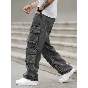 Men's Street Style Washed Wide Leg Cargo Jeans, Loose Fit Street Fashion Casual Comfy Multi-pocket Denim Pants for Daily Wear, Men's Trousers for All Seasons, Streetwear