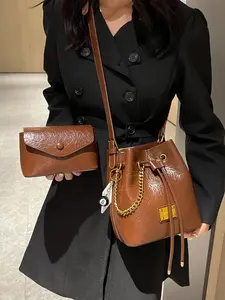 Women's Elegant Bucket Bag & Clutch, Fashion Solid Color Crossbody Bag & Clutch, Casual Versatile Commuting Bag Set