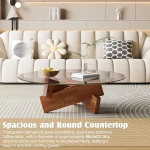 Modern Living Room Round Coffee Table Medieval Modern Style Tempered Glass Top Walnut Wood Base 31.5 Inches Stylish Home Decor Easy Installation No Tools Required
