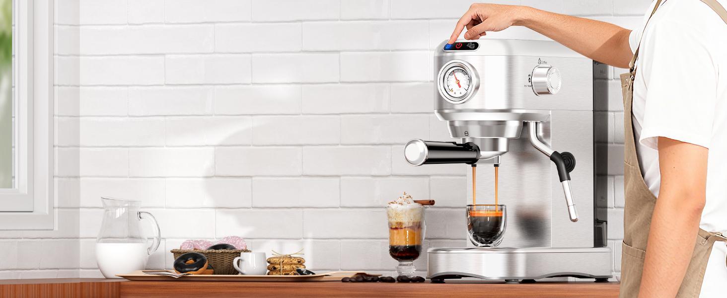 Semi-Automatic Stainless Steel Espresso Machine - 20 Bar, 1450W, 34oz Removable Tank, Small Footprint Household Personal Coffee Maker with Milk Steamer & Frother for Latte, Cappuccino Ready, Hot Water on Demand, Silver (Ideal for Birthdays, Father’s Day),