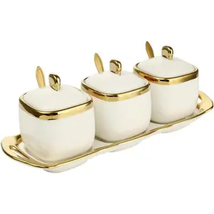 Porcelain Condiment Jar Spice Container with Tray Ceramic Serving Spoon and Lid Creative Seasoning Box for Home Kitchen Counter (White)