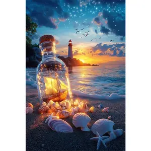 1PC 5D diamond painting 2D flat printing Diamond Painting Kits for Adults Lighthouse Ship in a Bottle Ocean Beach Sunset DIY 5D Diamond Art with Sparkling Rhinestones Full Drill Canvas Home Wall Dec Diamond Art Mosaic
