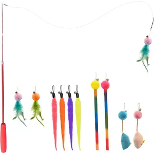 Cat Toys Suitable for Indoor Cats, 11-Piece Interactive Cat Wand Toy Set, with Feather Toys and Ribbon Refills, Retractable Cat Wand with Bell Refills, Suitable for Kittens Playing and Exercising