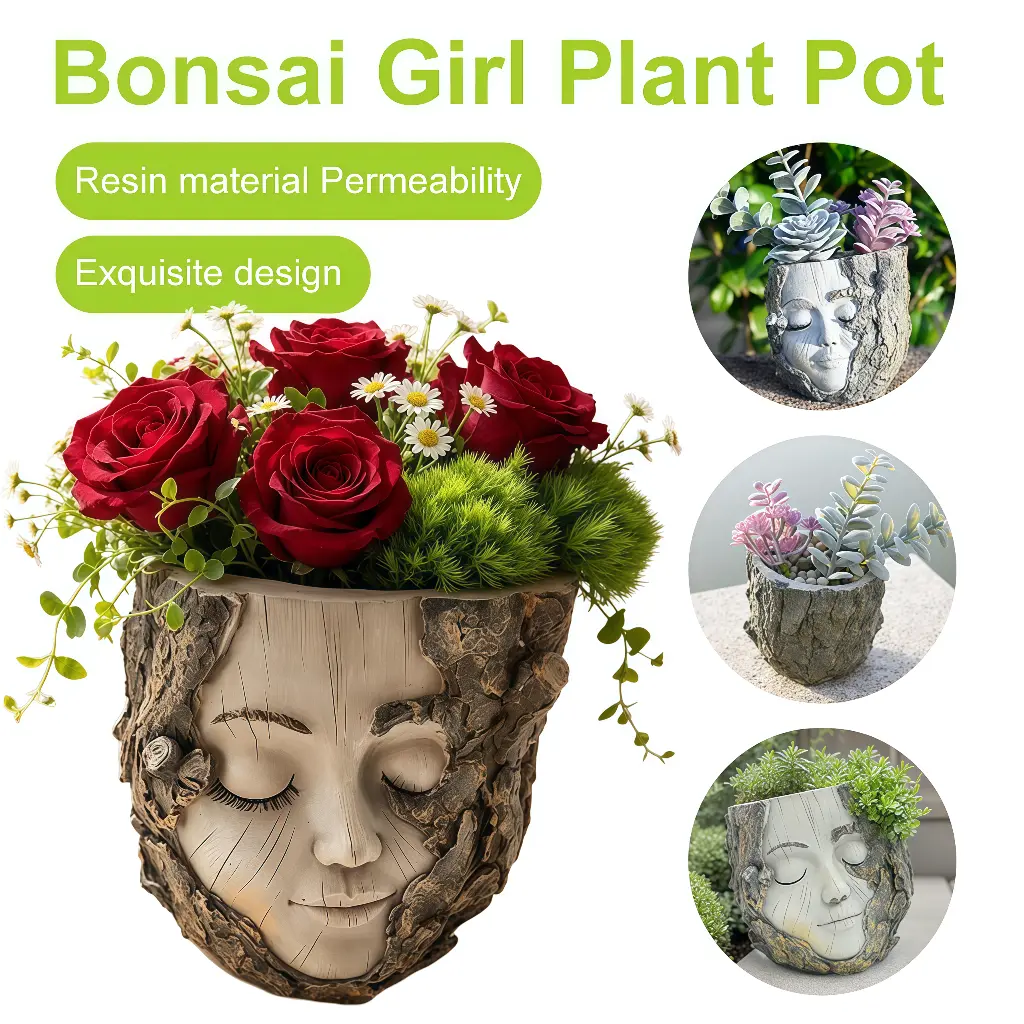 Tree Stump Girl Synthetic Resin Planter - 12.5cm Small Capacity, Lightweight, with Drainage Holes, Indoor Succulent/Cactus/Herb Home Decor, Boyfriend New Year Gift for Home Office Storage