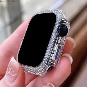 Rhinestone Decor Tempered Glass 2-in-1 Case for Apple Watch Series 2-10/SE, Bling Crystal PC Bumper with Screen Protector, Shockproof Protective Cover 38/40/41/42/44/45/46mm