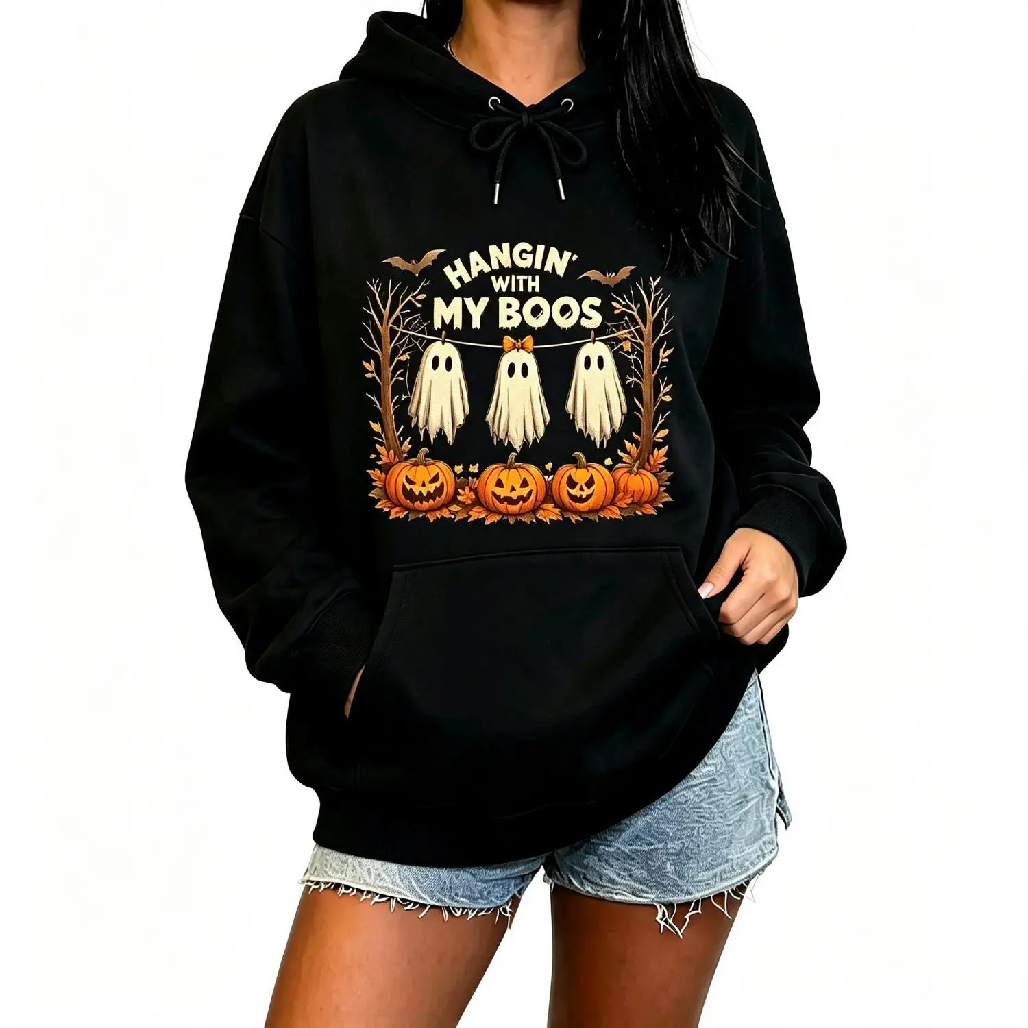 Halloween Hoodie Sweatshirt Hanging With My Boos Ghost Graphic Pullover Long Sleeve Casual Cozy Hooded Top Perfect for Adults Autumn Holiday