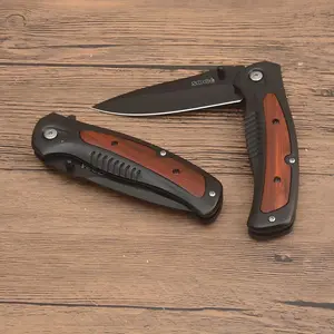 9-inch ergonomic folding knife, lightweight EDC pocket knife, with clip, sharp stainless steel blade, brown wooden handle, textured grip design, daily carrying, portable and foldable