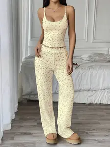 New Ditsy Floral Print Women's Strap Sleepwear Set, Round Neck Sexy Casual, Elastic Fabric Soft Skin-Friendly, Indoor Outdoor Wear