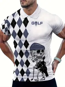Men's 3D Skull Print Short Sleeve T-Shirt, Breathable Summer Golf Shirt, Outdoor Casual Wear, Comfort Fit, Menswear