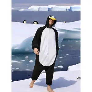 Adult Men'S Hooded Penguin Onesie Pajamas, 100% Polyester Thickened Warm Animal Costume, Embroidered Loose Fit Solid Color for Fall/Winter, Halloween & Christmas Party Funny Outfit Long Sleeve Oversize Loungewear Menswear Black Nightwear