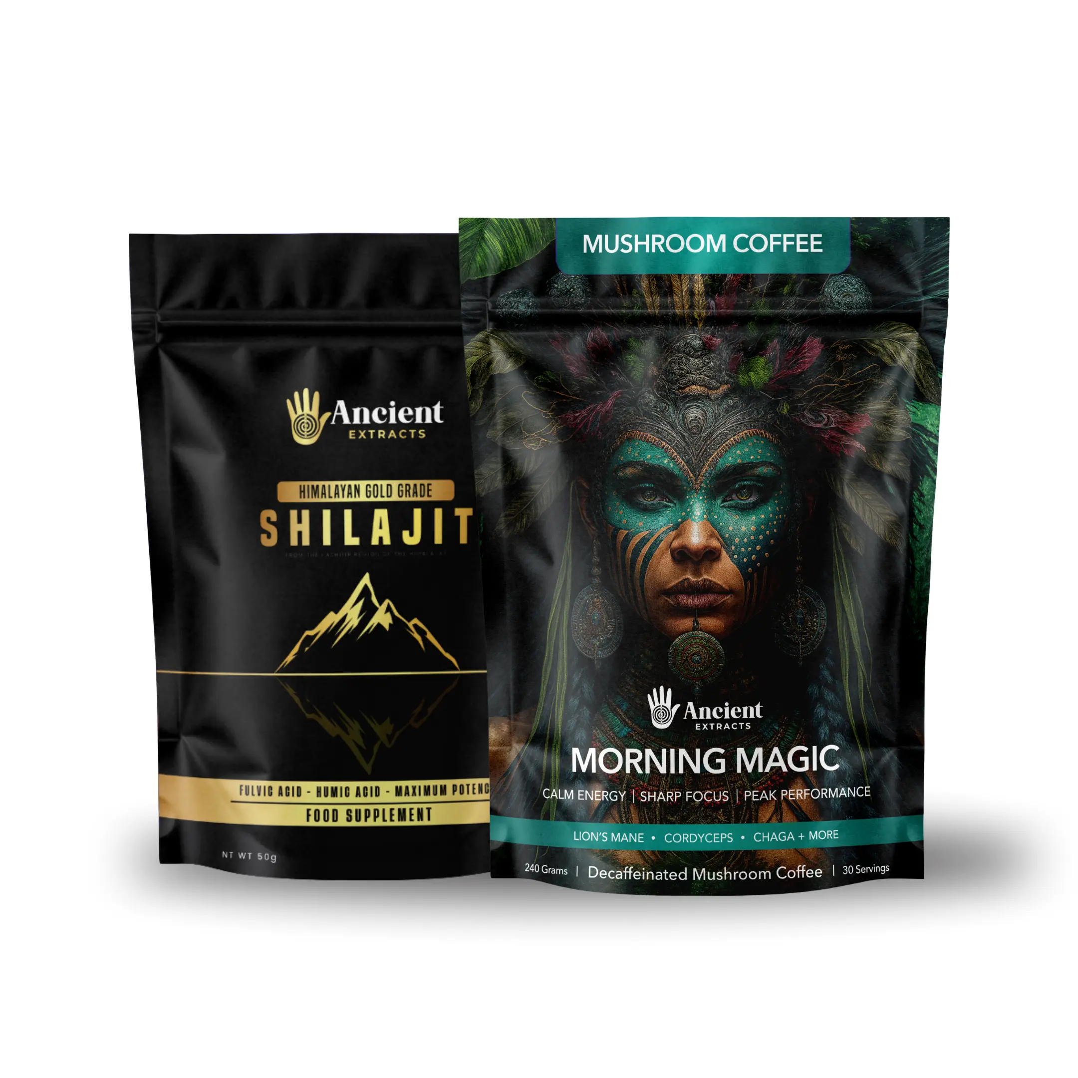 Ancient Extracts Morning Magic Decaf Coffee Bundle - 30-Serving Shilajit Powder Pack, 85 Minerals, Fulvic-Rich, Lab Tested, Sugar-Free, Energy Boost, Natural Non-Artificial Mushroom Beverage Alternative for Adults, Youth Support, 18-Month Shelf Life, 30 S