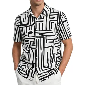 Men's Vintage Button Down Hawaiian Shirt, Summer Beach Casual Short Sleeve Abstract Geometric Print, Lightweight Breathable Tropical Aloha Shirt for Vacation Party Daily Wear
