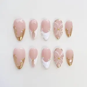 Bloom Flower White French Press On Nails Short Almond Nails/Star Nails/3d Gold Chrome Nails/White French nails/Flower Nails/Holiday Nails