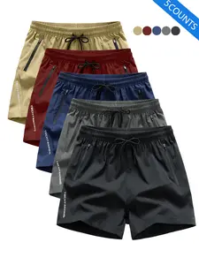 5 men's casual sports shorts - wrinkle-resistant polyester blend fabric, loose fit with drawstring waistband, solid color, suitable for the gym, outdoor activities, and everyday wear, simple design | smooth texture