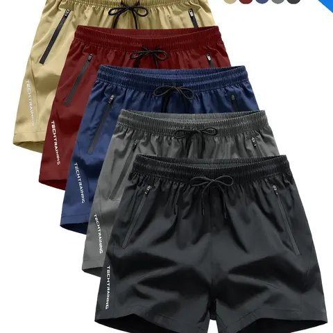 Male 5-Pack Loose-Fitting Polyester Blend Casual Shorts - Above-the-Knee, Wrinkle-Resistant, Drawstring Waistband, Plain Solid Color, Machine Washable, Activewear for Outdoor Sports