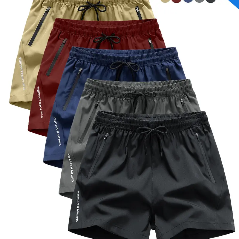 Male 5-Pack Loose-Fitting Polyester Blend Casual Shorts - Above-the-Knee, Wrinkle-Resistant, Drawstring Waistband, Plain Solid Color, Machine Washable, Activewear for Outdoor Sports