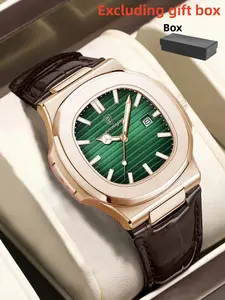 Luxury Men's Business Watch, Rose Gold Stainless Steel Case, Luminous Hands, Calendar Function, 30m Waterproof, Leather Strap, Square Watches