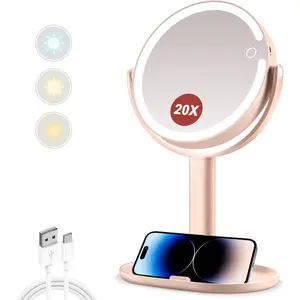 Makeup Mirror with Lights,20X Magnifying Mirror with Light and Touch ,Vanity Mirror with 3 Color Light and 80 LEDs,2-Sided Lighted Magnified Mirror 8.8 Inches, Pink