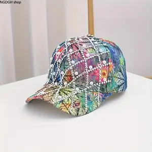 Viral Bling Pearl Baseball Cap - Trendy Blue Floral Print Cap with Silver Chain Lattice & White Pearl Embellishments, Sparkling Heavy Duty Decor Adjustable Snapback, Eye-Catching Glam Statement Hat, Perfect for Street Style Party Festival Summer Outfits