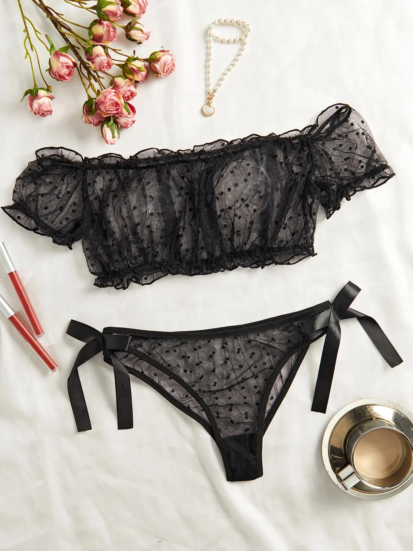 Women's Polka Dot Print Sheer Mesh Sexy Feminine Lingerie Set, Romantic Sexy Frill Trim Puff Sleeve Top & Panty for All Seasons, Women's Sexy Lingerie Underwear