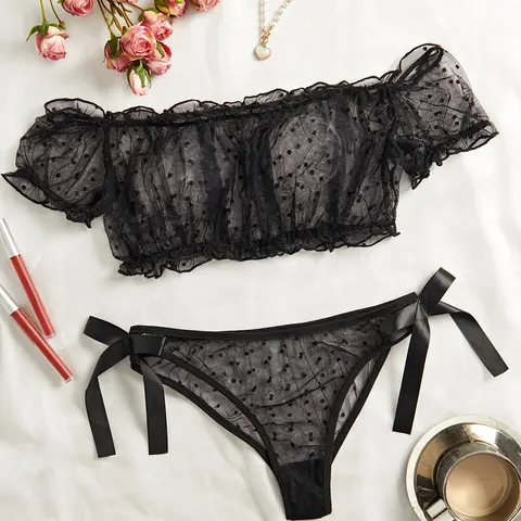 Women's Polka Dot Print Sheer Mesh Sexy Feminine Breathable Lingerie Set, Romantic Sexy Frill Trim Puff Sleeve Top & Panty for All Seasons, Women's Sexy Lingerie Underwear