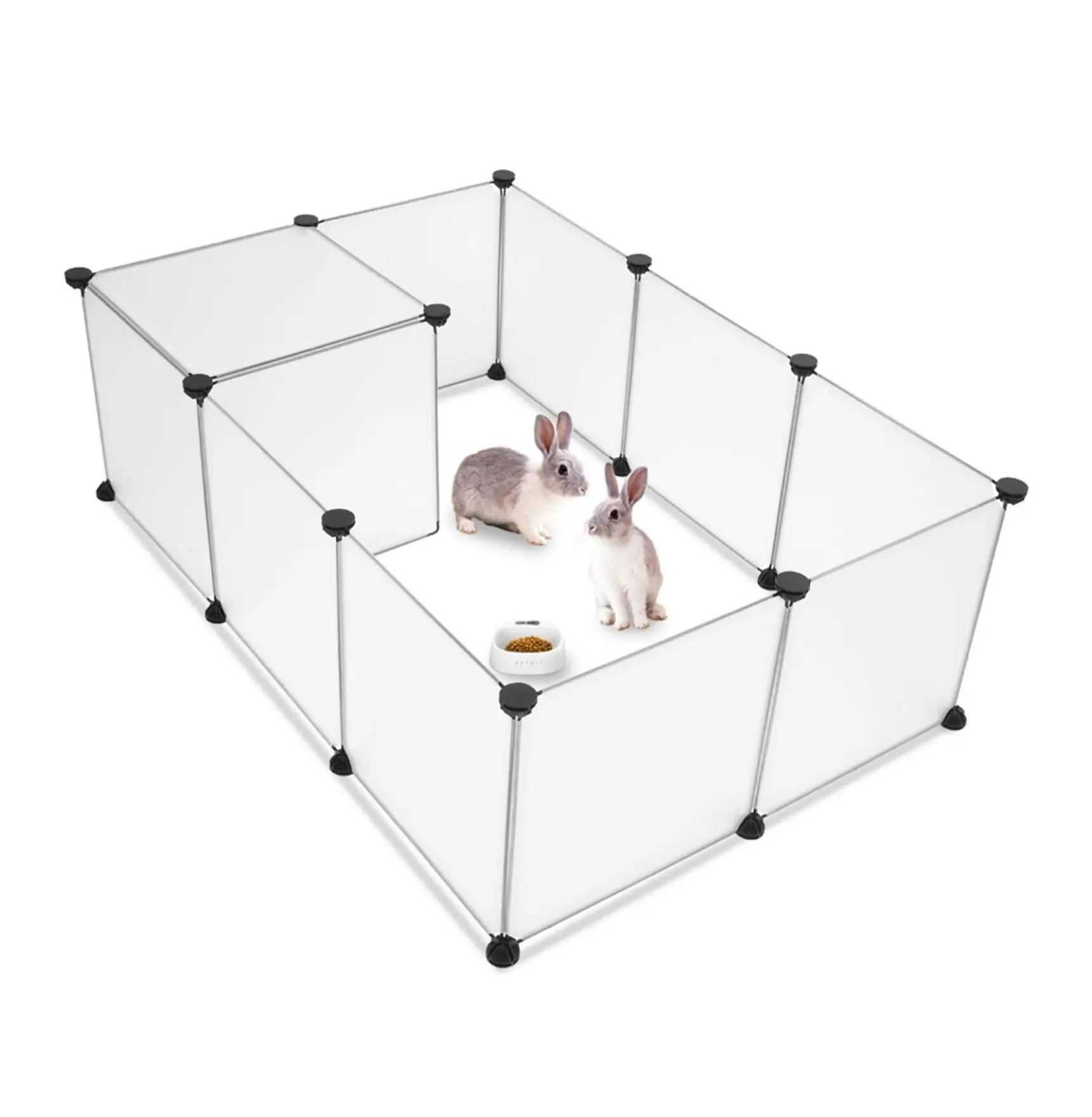 White Plastic Pet Playpen Enclosure House - 12-Piece Translucent Portable Dog Fence with 28 Connectors, Wooden Mallet for Small Animals’ Fun Exercise & Safe Rest Space
