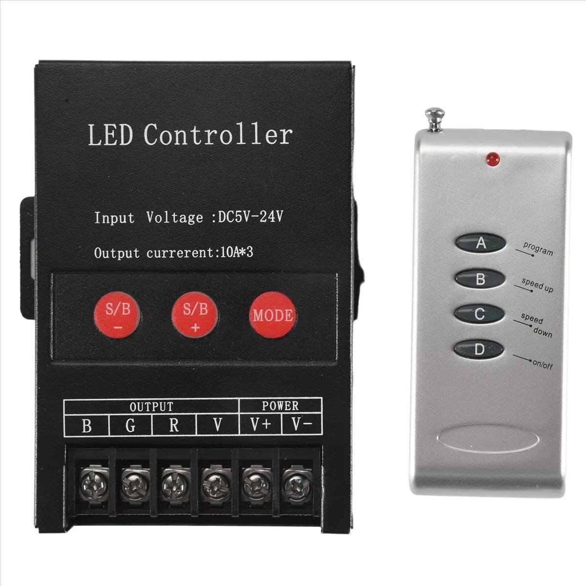 RGB Strip LED Controller - 3-Channel IR & BT 1x Remote Control for RGB Strip Lights, 1x 30A 360W DC5-24V High-Power Input, 15 Regular Fixed Modes, Color Changing, Dimmable, Permanent Memory Function, Wide Perforated Lights, Plastic Body, 110x90x25mm