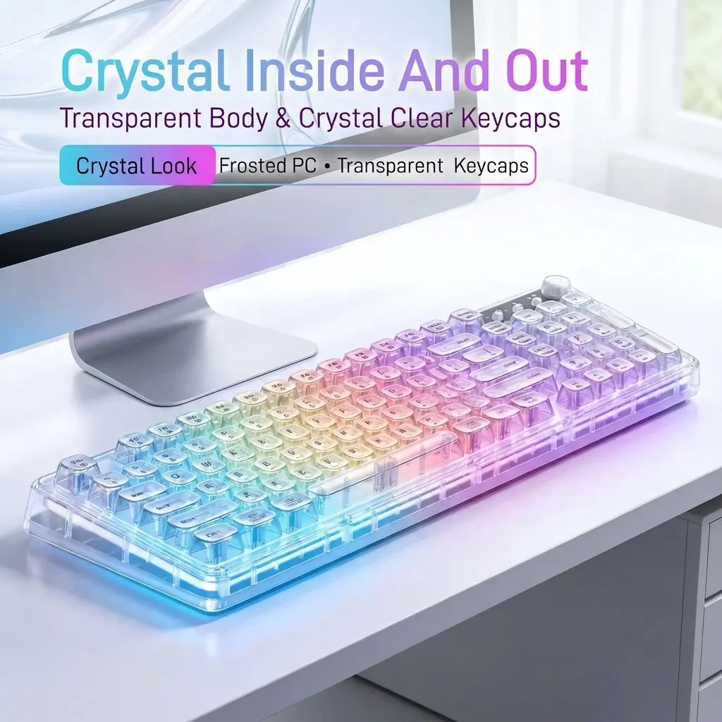 Crystal Transparent RGB Wireless Keyboard, 99-Key Tri-Mode Bluetooth Keyboard with Mechanical Feel, Media Knob & Number Pad, White