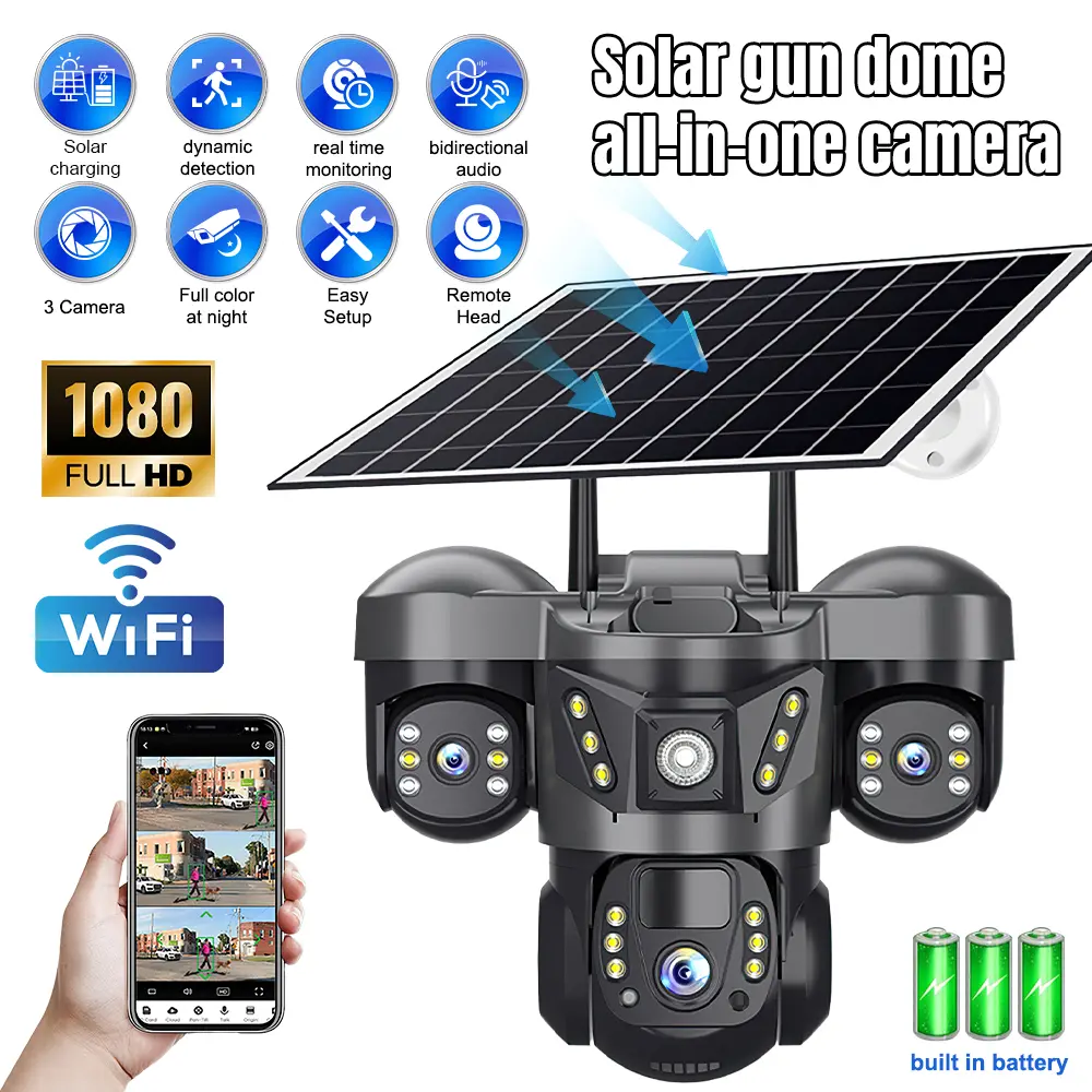 【DealsForYouDays】KEPEAK Solar Wireless Outdoor Security Camera, Rechargeable 3-Lens 3-Split Screen PTZ WiFi Cam, 12MP, 355° Pan Tilt, Human Detection, 2-Way Audio Talk, IP66 Waterproof, Speaker, Supports Memory Card, Simple Solar & Battery Setup, Recordin