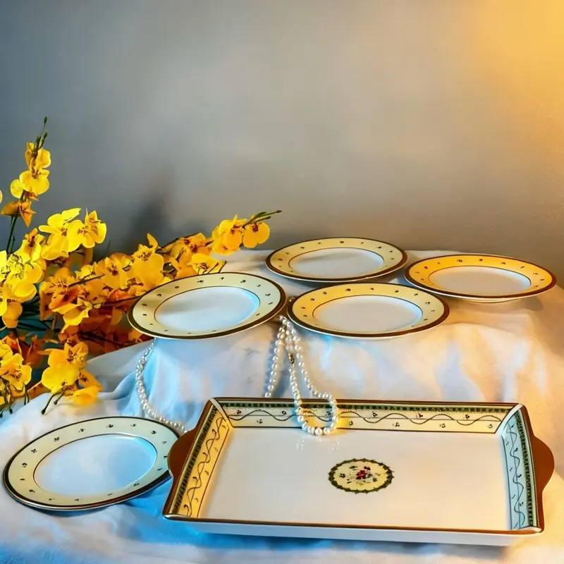 Vintage Narumi Japan Fine China 6pc Party Set - 11" Large Rectangular Serving Tray & Five 6.5" Dessert Plates - Substantial Weight, Elegant Floral Gold Trim - Durable & Sturdy Japanese Craftsmanship, Not Fragile Bone China - Premium Home Decor Gift Set