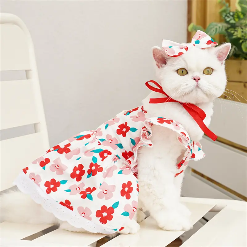 Pet Clothes Dog Cat Rabbit Countryside Dress Flying Sleeve Summer Cute Comfortable Pretty With Traction Rope With Bow Handband D00018