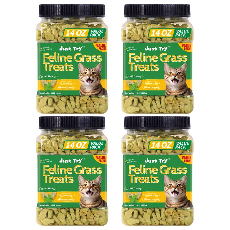 JUST TRY Feline Grass Treats Salmon Flavor Hairball Control Support, Crunchy Snacks, Cat Grass Treats for Indoor Cats 14.1 OZ #sohochic