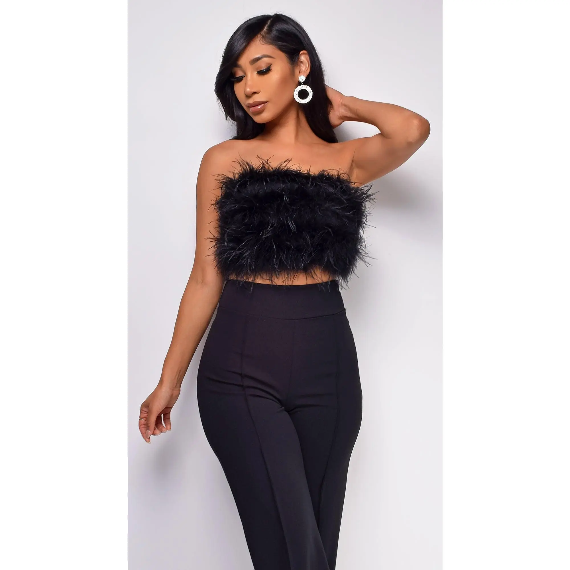Catalina Black Feather Crop Top