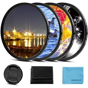49mm Star Filter 4 Pieces Starburst Lens Filter(4 ,6 ,8 ,12 Points) with Centre Pinch Lens Cap for Canon Nikon Sony Olympus Pentax and Other DSLR Cameras + 4 Slot Filter Pouch