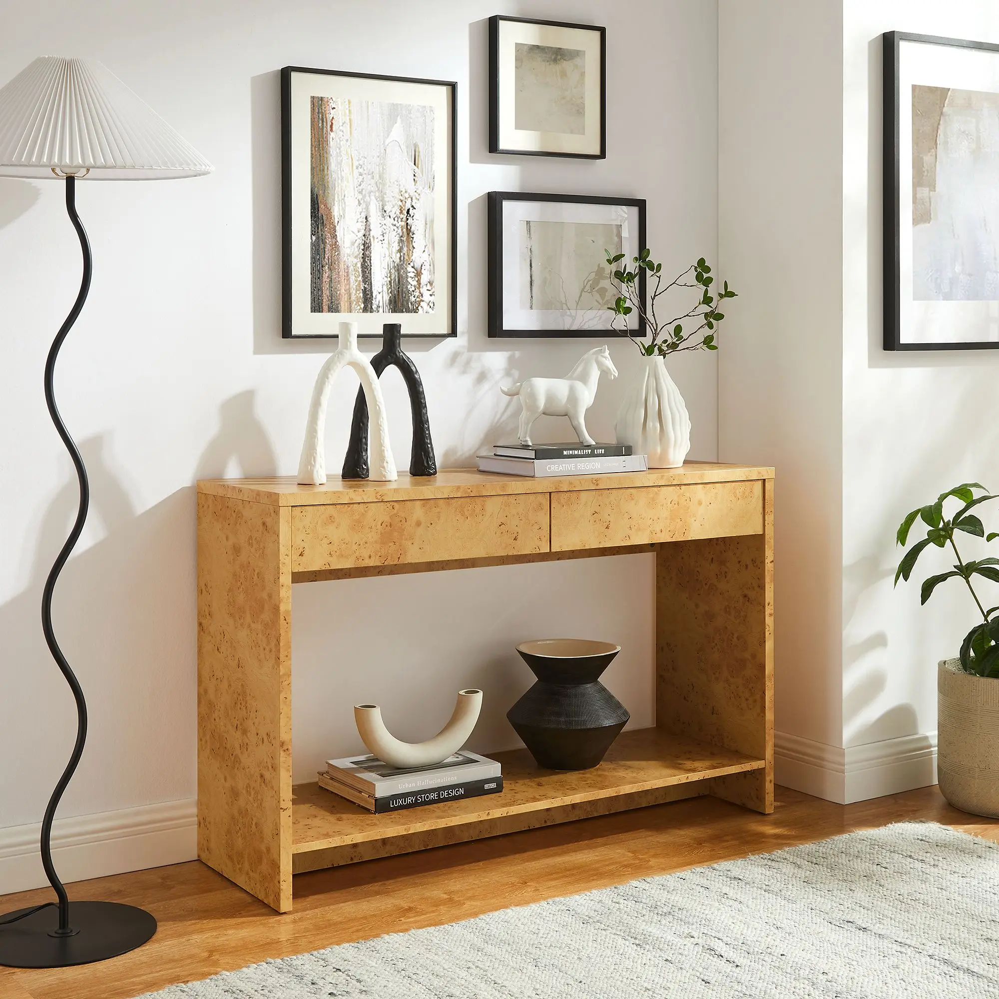 Hudson 2-Drawer Burl Wood Console Table, Living Room Rectangular Table, Neutral Console TV Stands & Multimedia Centres, Living Room Tables
